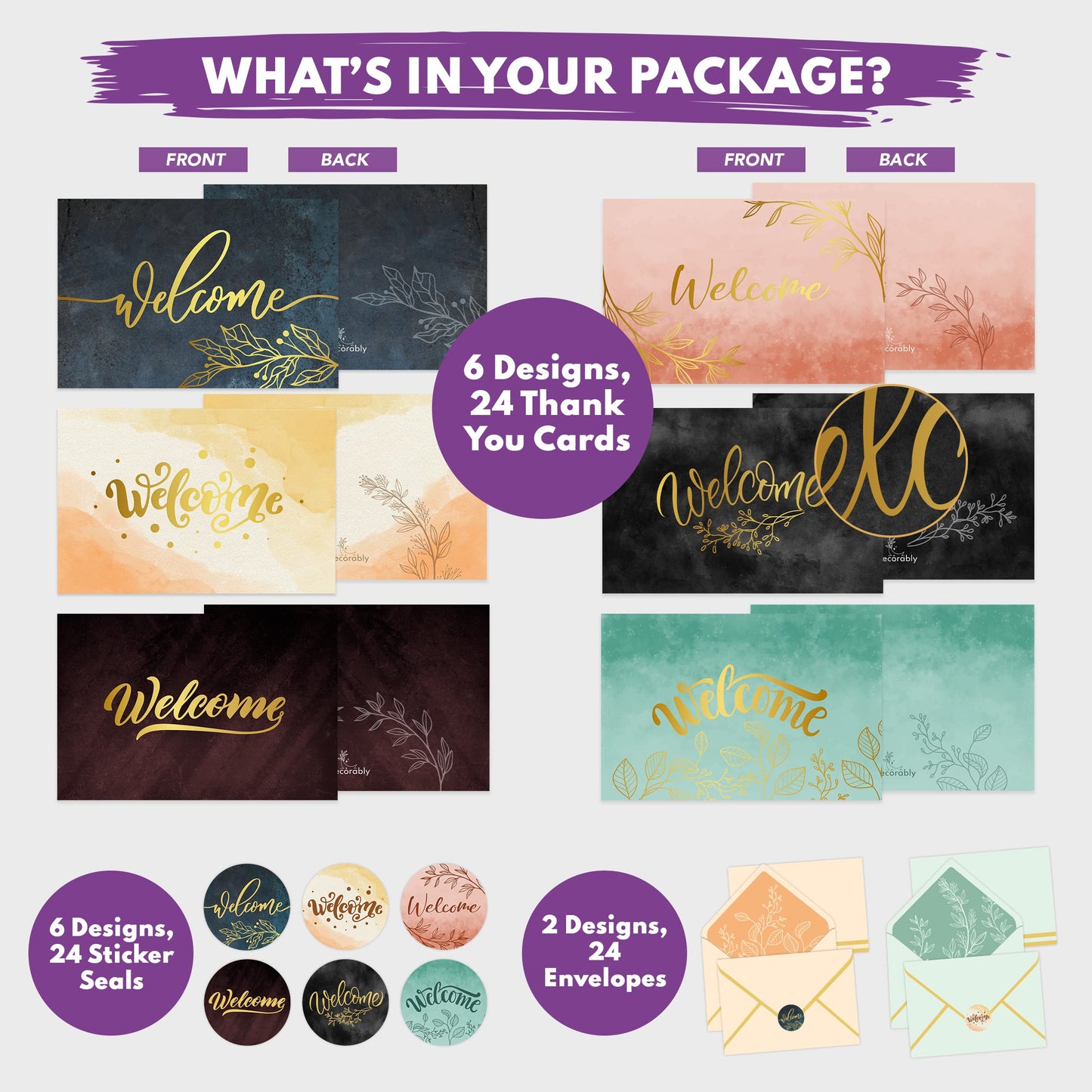 24 Pack Gold-Foiled Welcome Cards for Employees with Envelopes & Stickers - 6 Designs Blank Inside Welcome to the Team Cards, 6x4in Welcome Cards for Guests, Welcome Card, Welcome Cards with Envelopes