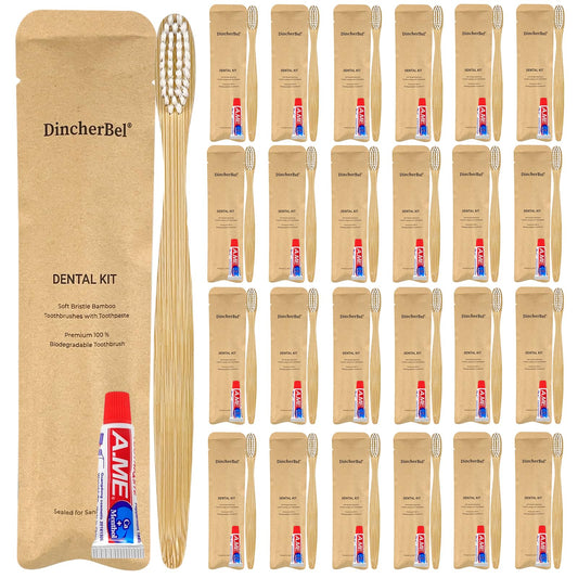 DincherBel Travel Toothbrushes Kit Bulk, Bamboo Toothbrushes with Toothpaste(6g), Individually Wrapped Toiletries Amenities for Hotel, Airbnb, Homeless, Shelter, Camping and Travel (50 Pack)