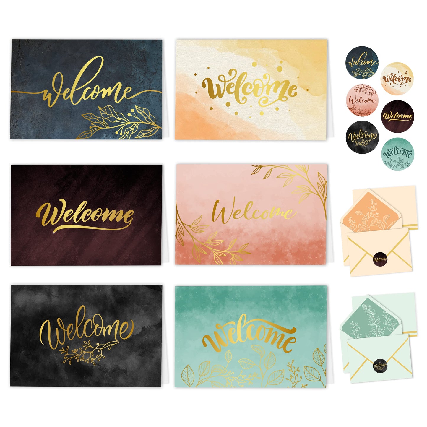 24 Pack Gold-Foiled Welcome Cards for Employees with Envelopes & Stickers - 6 Designs Blank Inside Welcome to the Team Cards, 6x4in Welcome Cards for Guests, Welcome Card, Welcome Cards with Envelopes