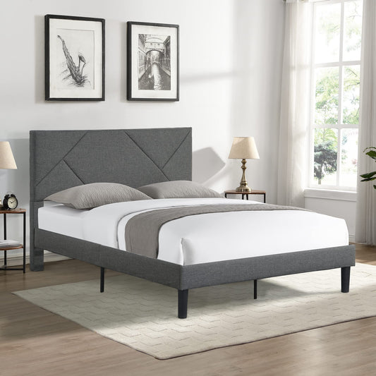 Full Size Platform Bed Frame with Fabric Upholstered Headboard and Wooden Slats Support, Fully Upholstered Mattress Foundation/No Box Spring Needed/Easy Assembly (Grey, Full)