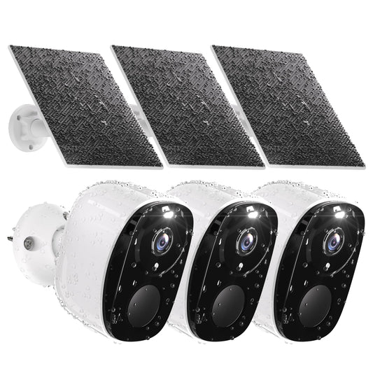 Rraycom 2K QHD Color Night Vision Solar Security Cameras Wireless Outdoor, 5200mah Battery, IP65 Waterproof, Two-Way Audio, AI Motion Detection, Alexa Compatible-3PACK BW4 with Solar Panel